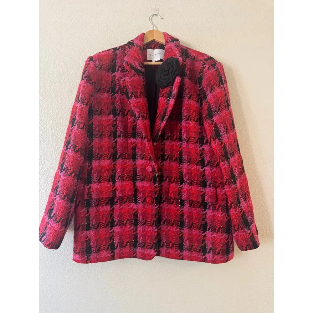 Lovers and Friends Plaid Tweed Blazer Metallic Rosette Large Red Pink Excellent